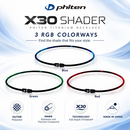 X30 Shader Phiten titanium necklace in blue, green and red